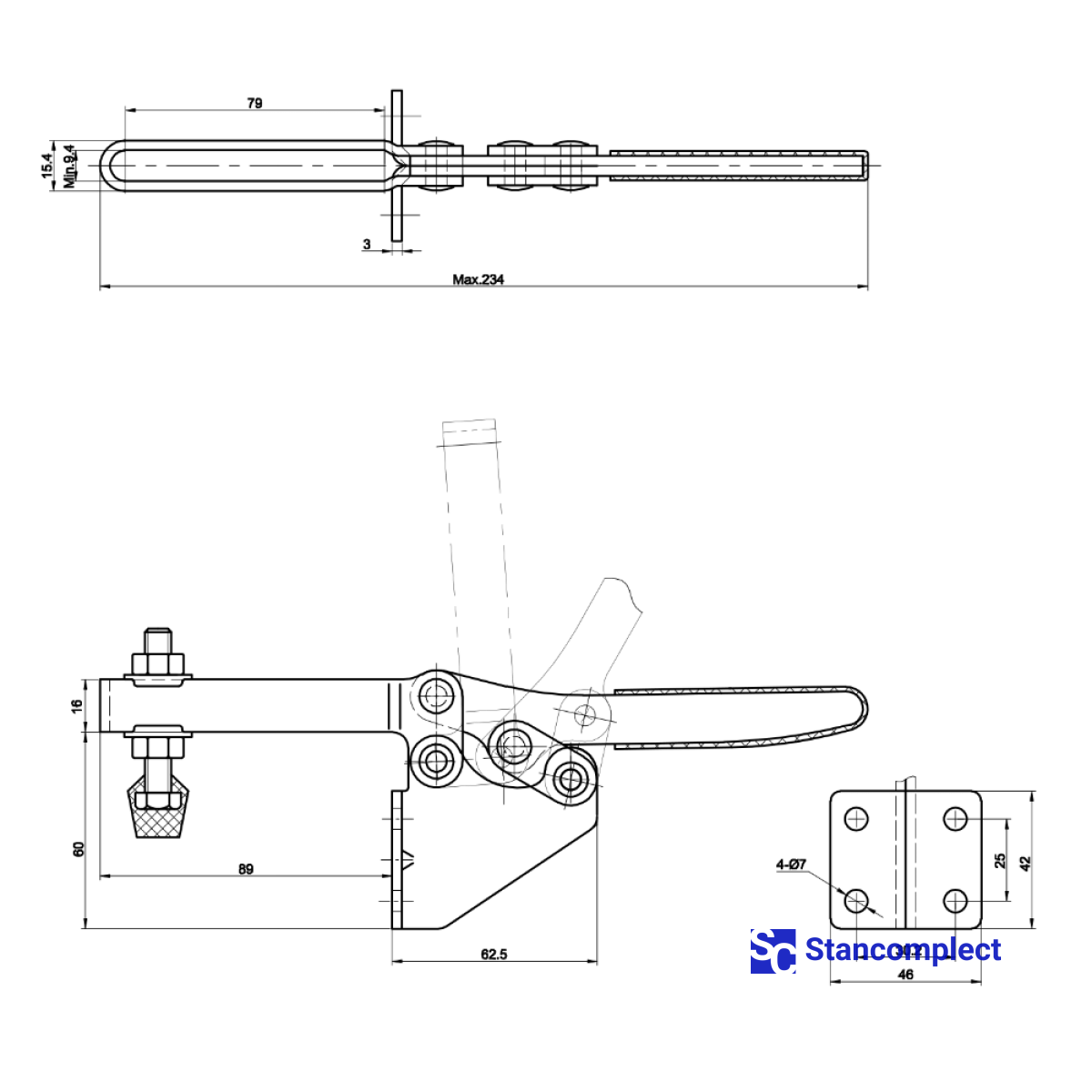 Quick release horizontal toggle clamp ST-202-FL - holding capacity 327 kg